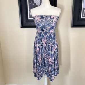 Express Paisley Strapless High Low Dress in Pink & Blue